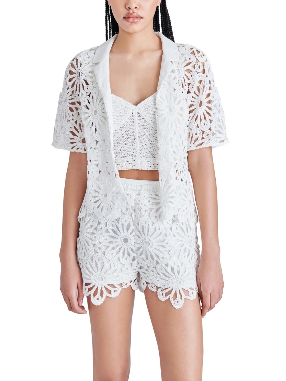 Steve Madden Carolyn Floral Crochet Matching 2 Piece Set Jacket Top Shorts White